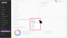 Work-based learning reports page. The cursor is clicking the academic year dropdown.